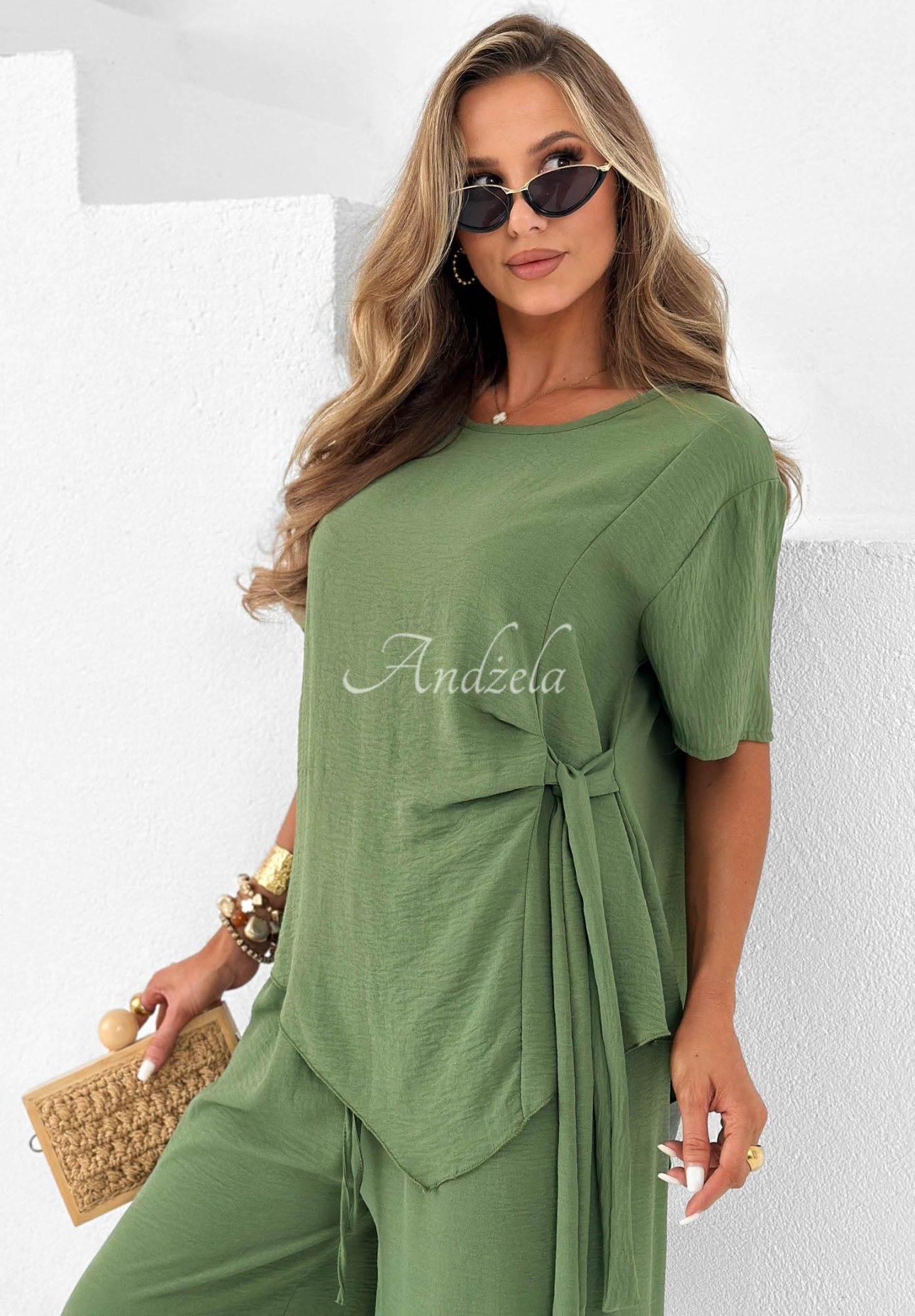 Viskózová súprava viazaná blúzka a nohavice wide leg Elite Holiday  khaki