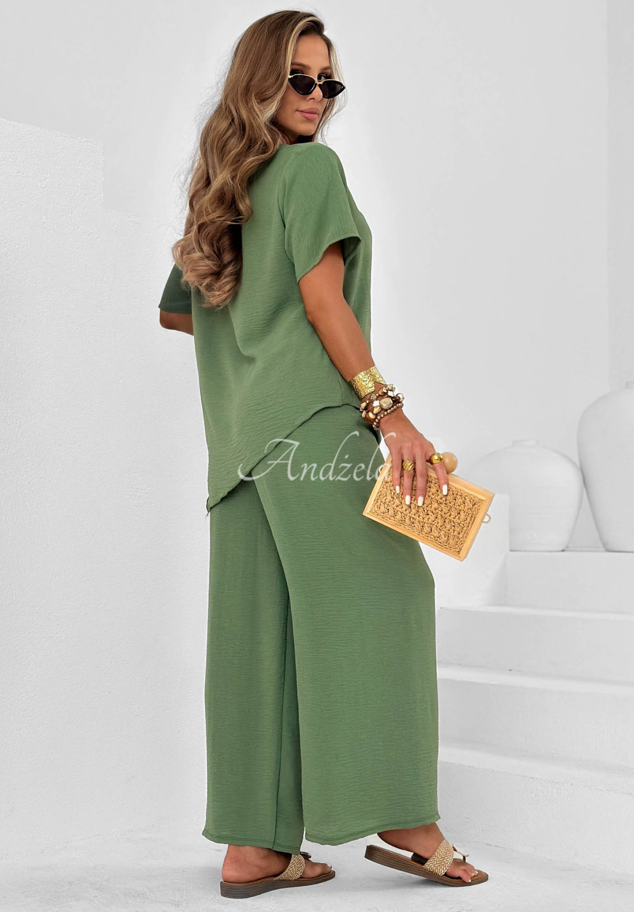 Viskózová súprava viazaná blúzka a nohavice wide leg Elite Holiday  khaki