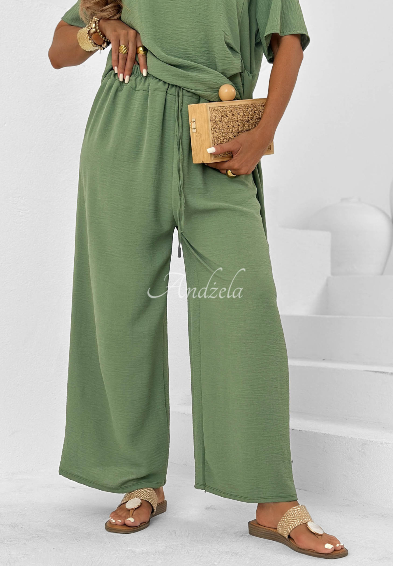 Viskózová súprava viazaná blúzka a nohavice wide leg Elite Holiday  khaki