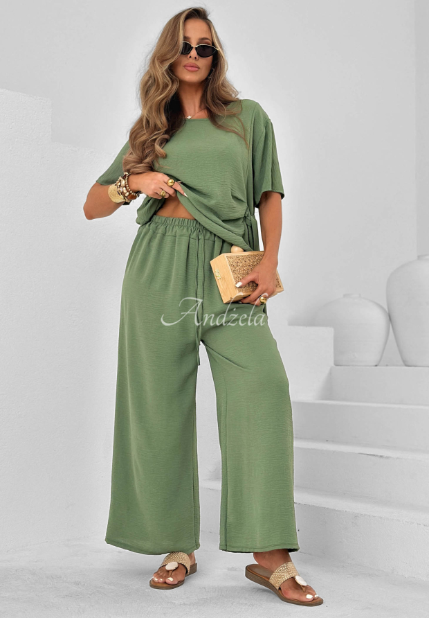 Visk&oacute;zov&aacute; s&uacute;prava viazan&aacute; bl&uacute;zka a nohavice wide leg Elite Holiday  khaki