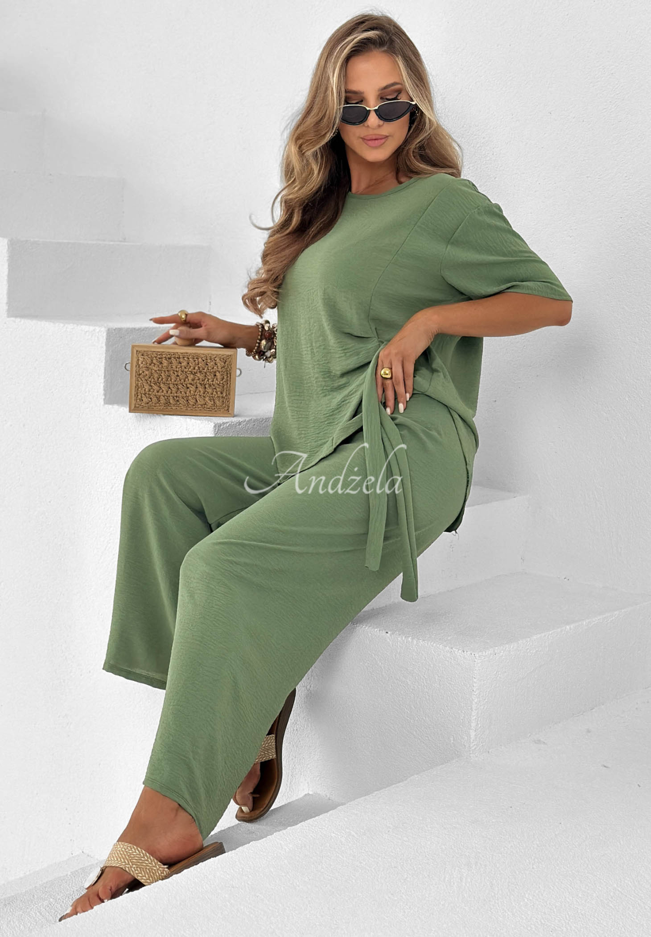 Viskózová súprava viazaná blúzka a nohavice wide leg Elite Holiday  khaki