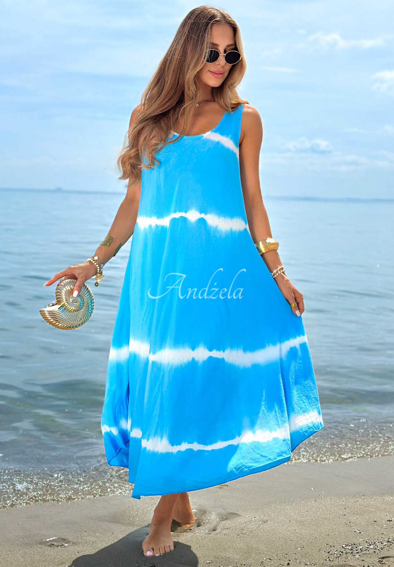 Bavlnené šaty maxi na ramienka ombre Sea Waves blankytná