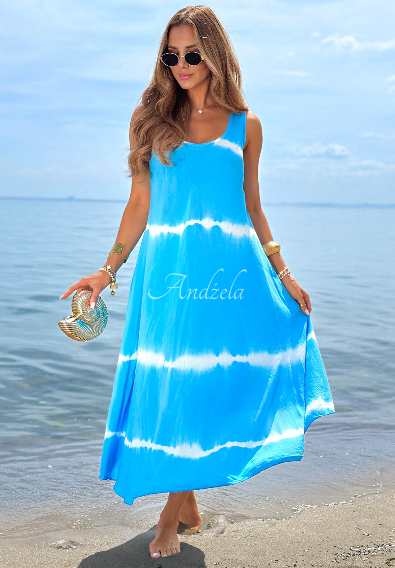 Bavlnené šaty maxi na ramienka ombre Sea Waves blankytná