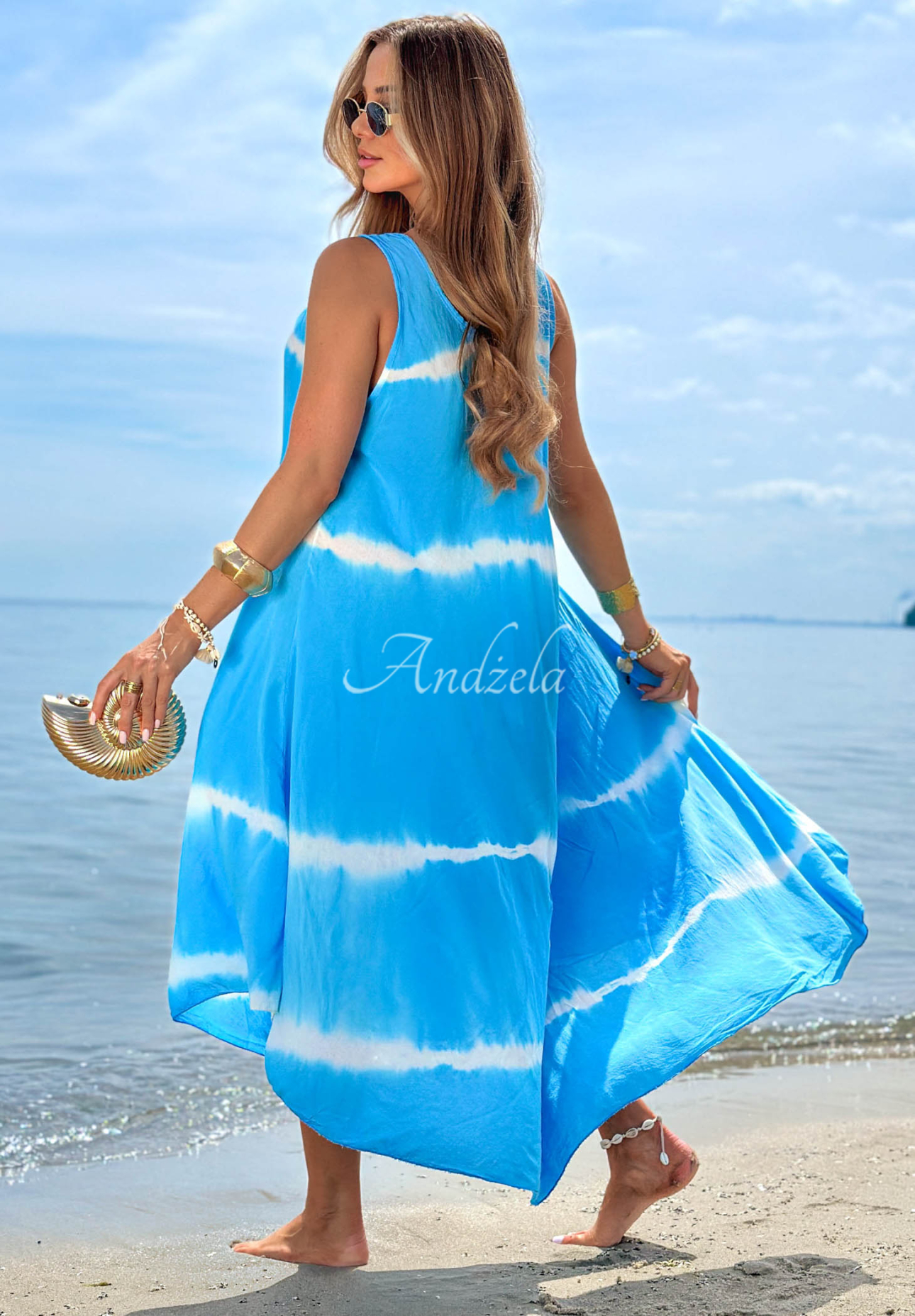 Bavlnené šaty maxi na ramienka ombre Sea Waves blankytná
