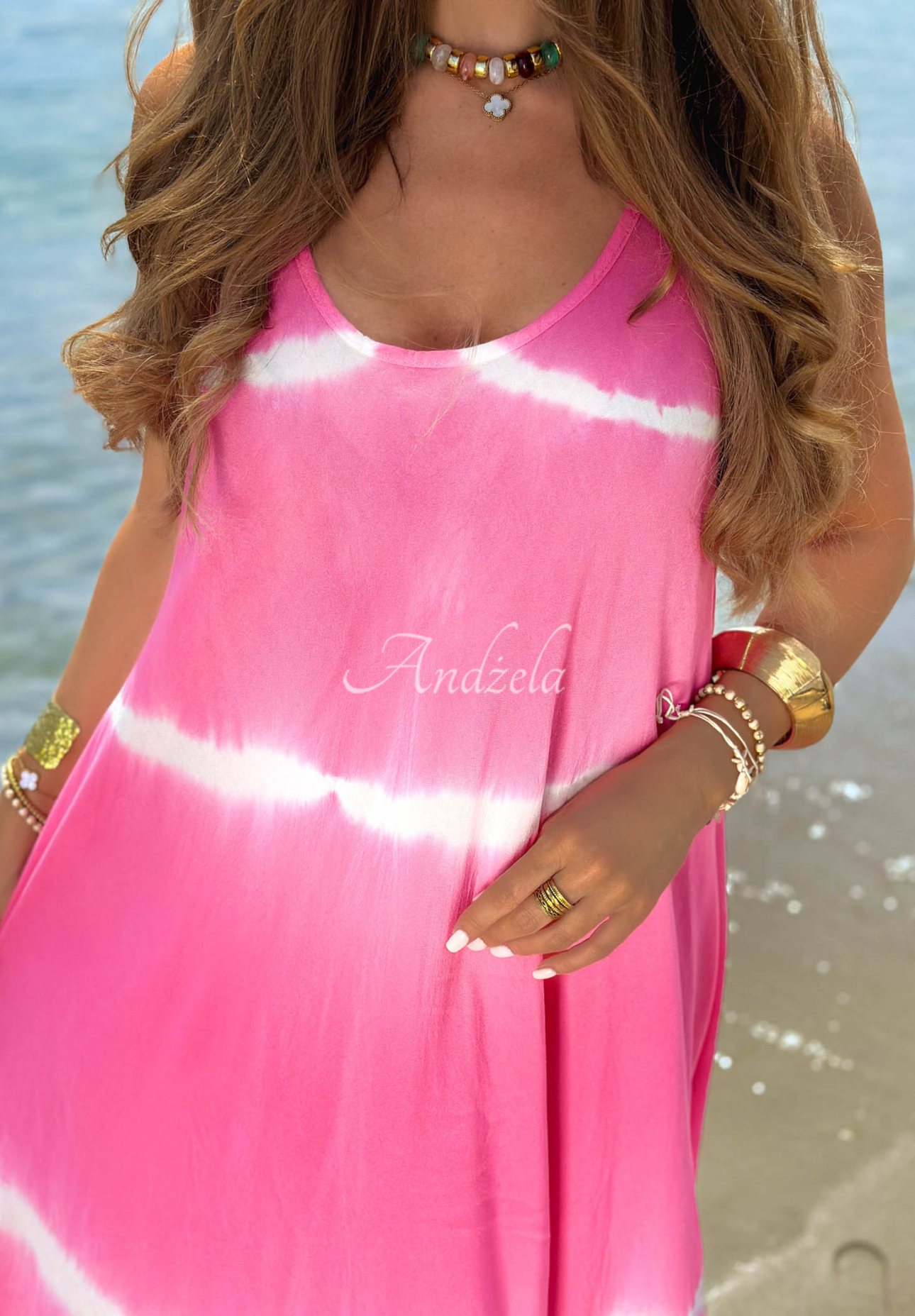 Bavlnené šaty maxi na ramienka tie dye Sea Waves fuchsiová