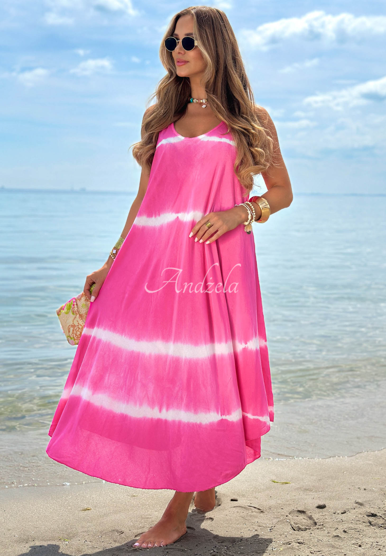 Bavlnené šaty maxi na ramienka tie dye Sea Waves fuchsiová