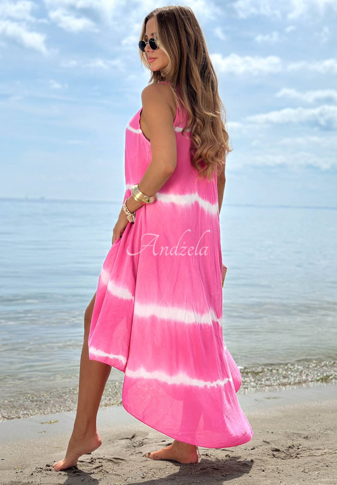 Bavlnené šaty maxi na ramienka tie dye Sea Waves fuchsiová
