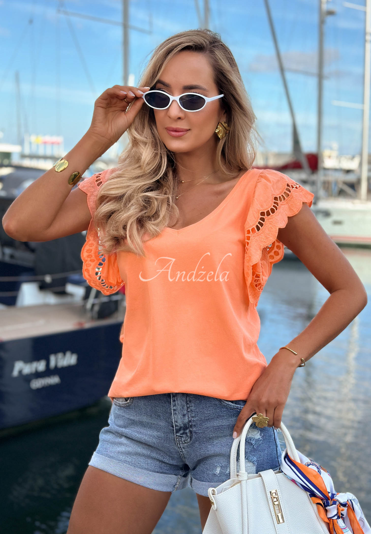 Bavlnená blúzka s volánovými rukávmi Go Anywhere oranžový