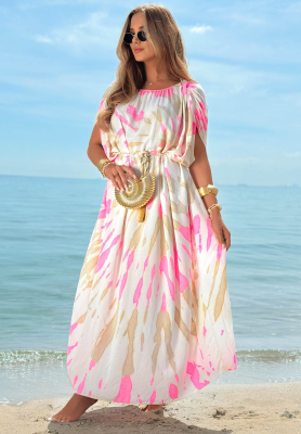 Viskózové šaty maxi na ramienka tie dye Summer Dance béžovo-ružové
