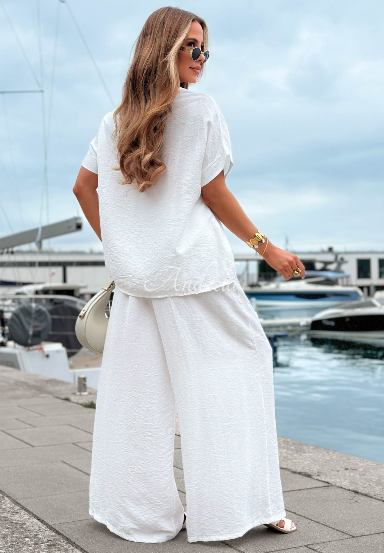 Viskózová súprava blúzka oversize a nohavice wide leg Amalfi Getaway Biela