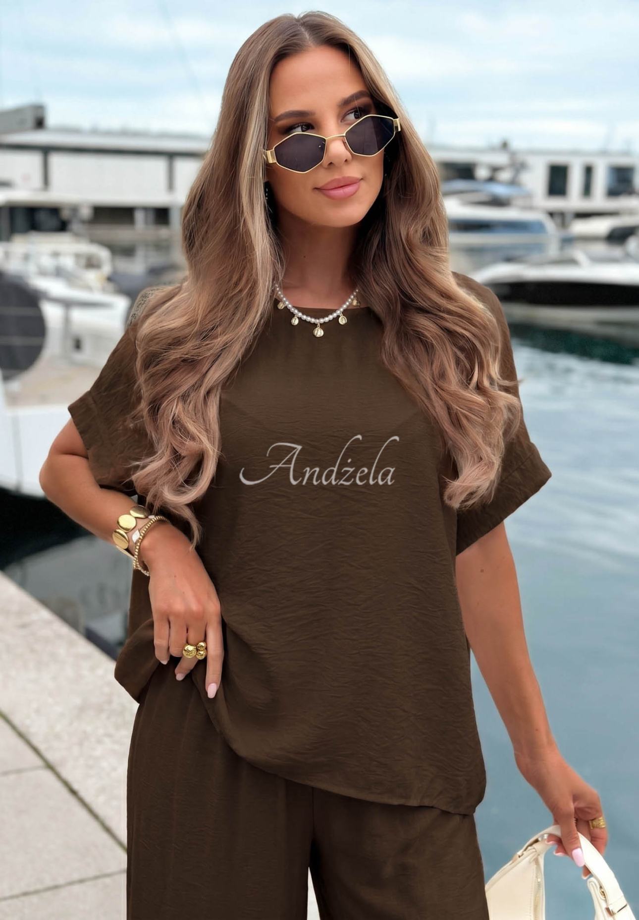 Viskózová súprava blúzka oversize a nohavice wide leg Amalfi Getaway čokoládový