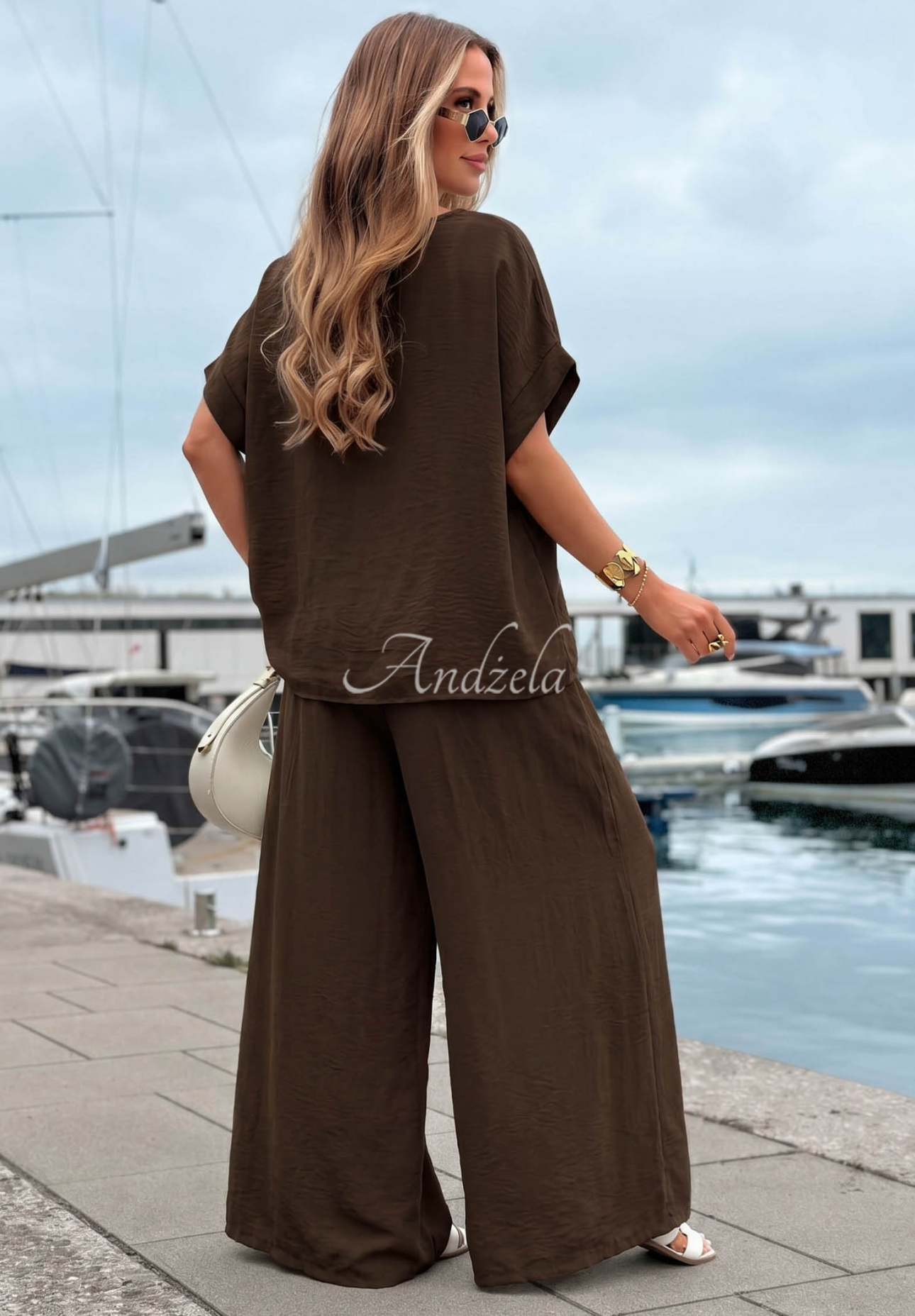 Viskózová súprava blúzka oversize a nohavice wide leg Amalfi Getaway čokoládový