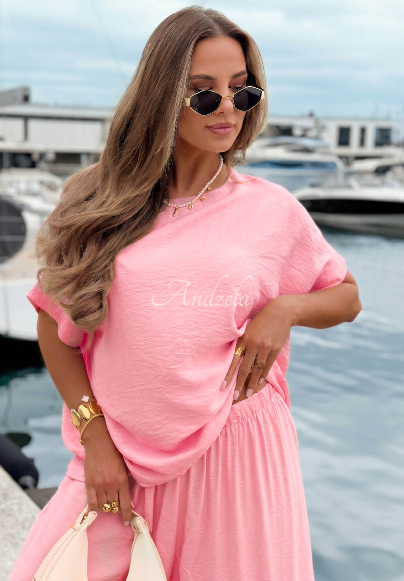 Viskózová súprava blúzka oversize a nohavice wide leg Amalfi Getaway ružový