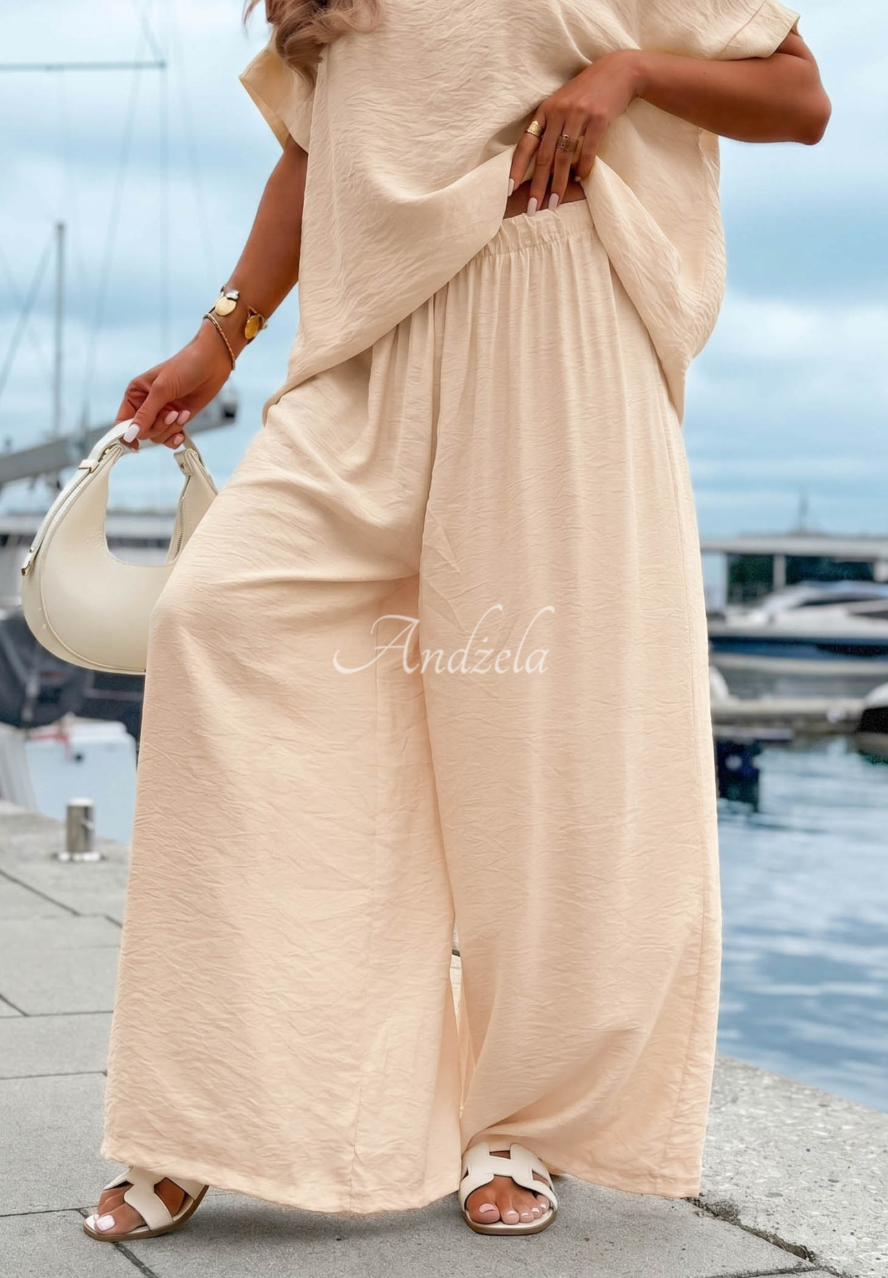 Viskózová súprava blúzka oversize a nohavice wide leg Amalfi Getaway béžový