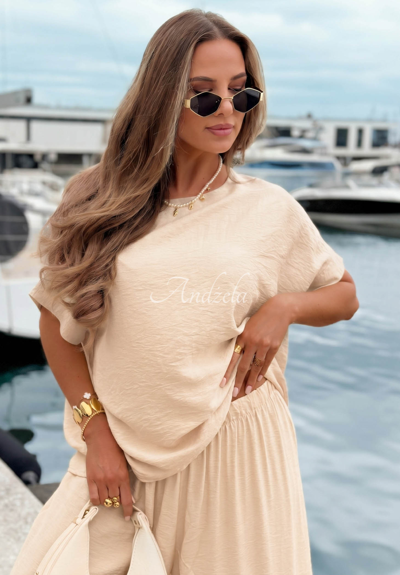 Viskózová súprava blúzka oversize a nohavice wide leg Amalfi Getaway béžový