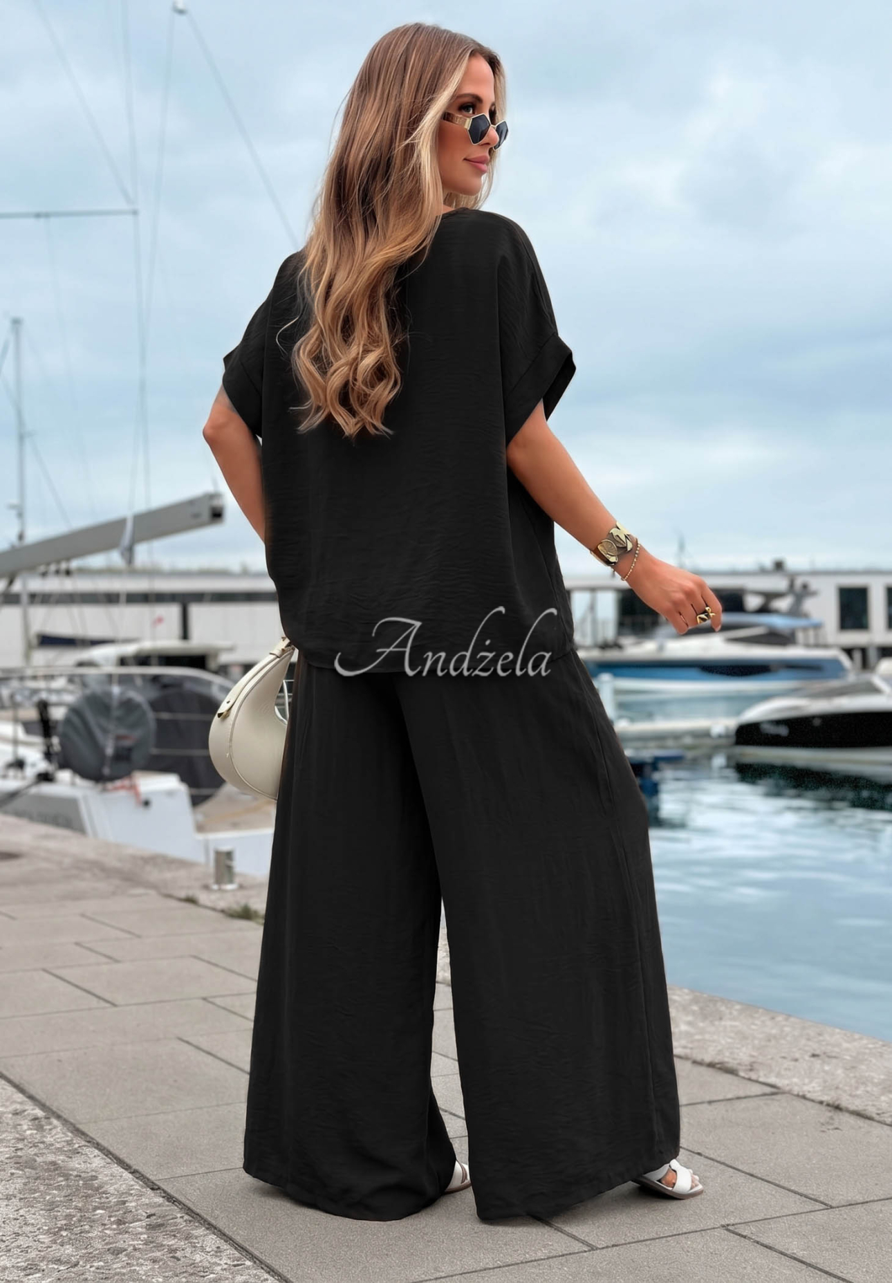Viskózová súprava blúzka oversize a nohavice wide leg Amalfi Getaway čierne
