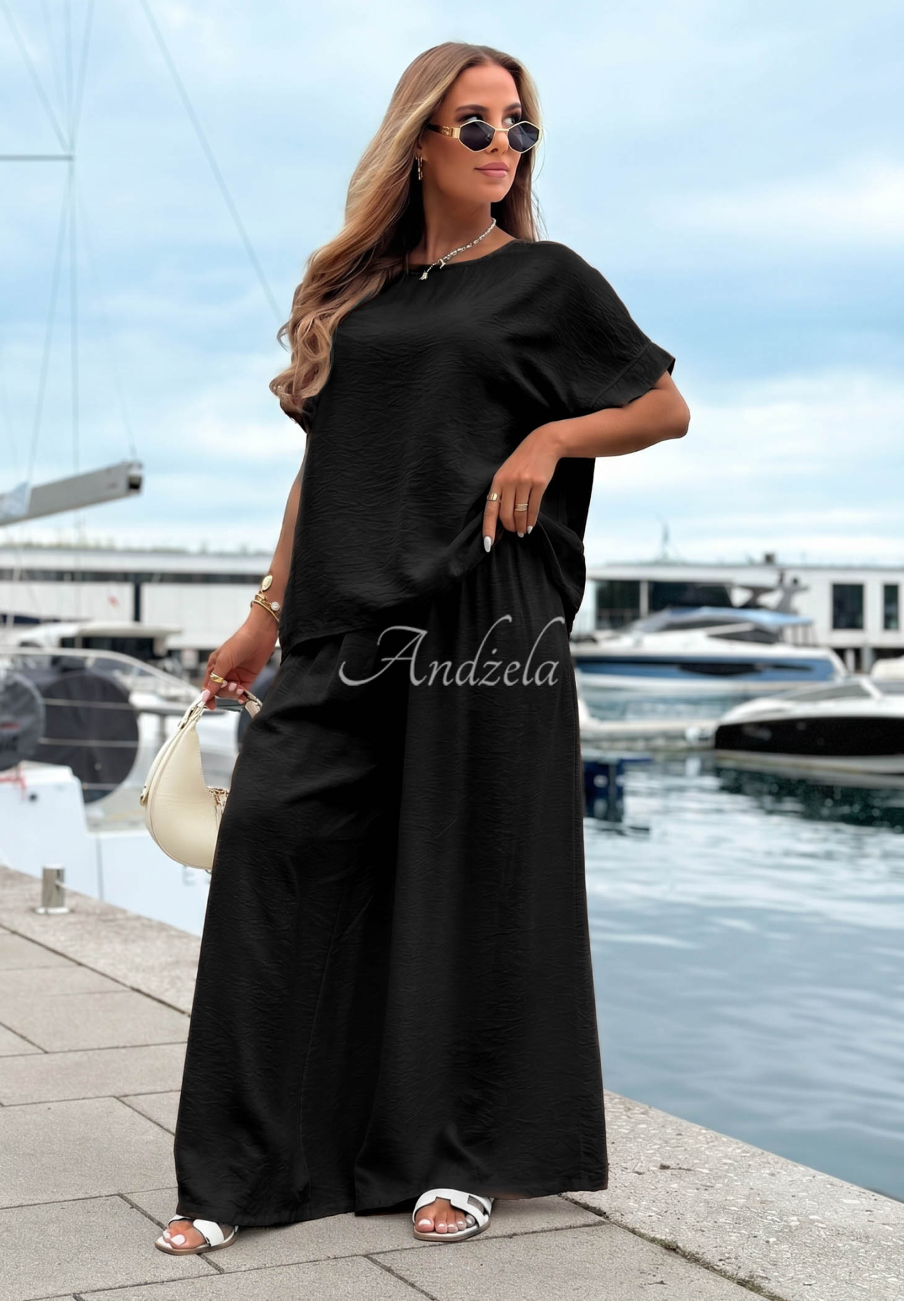 Viskózová súprava blúzka oversize a nohavice wide leg Amalfi Getaway čierne