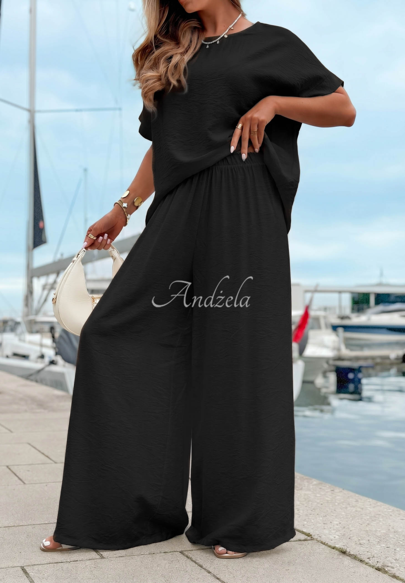Viskózová súprava blúzka oversize a nohavice wide leg Amalfi Getaway čierne