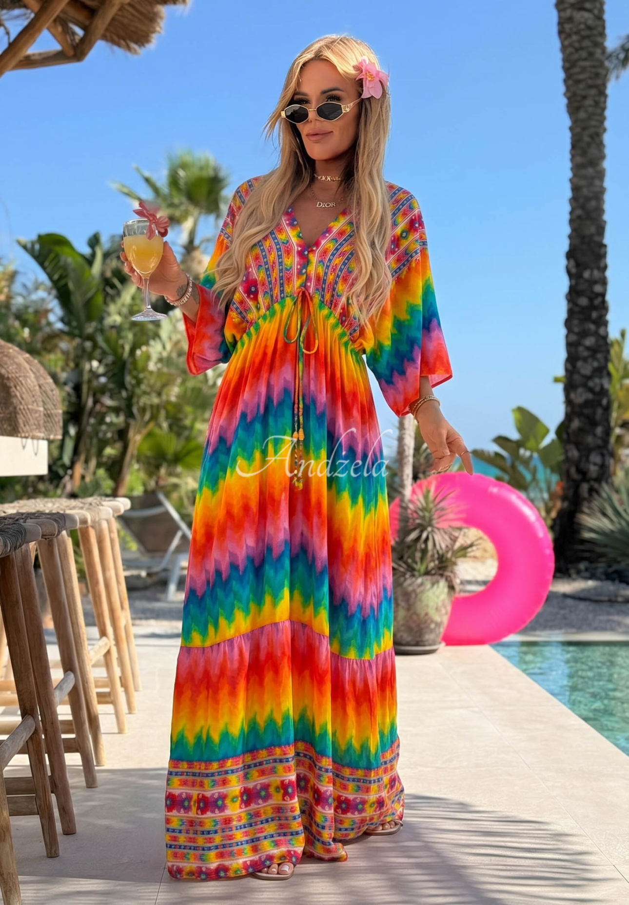 Viskózové šaty maxi s farebnými vzormi Rainbow Soul oranžovo-ružové