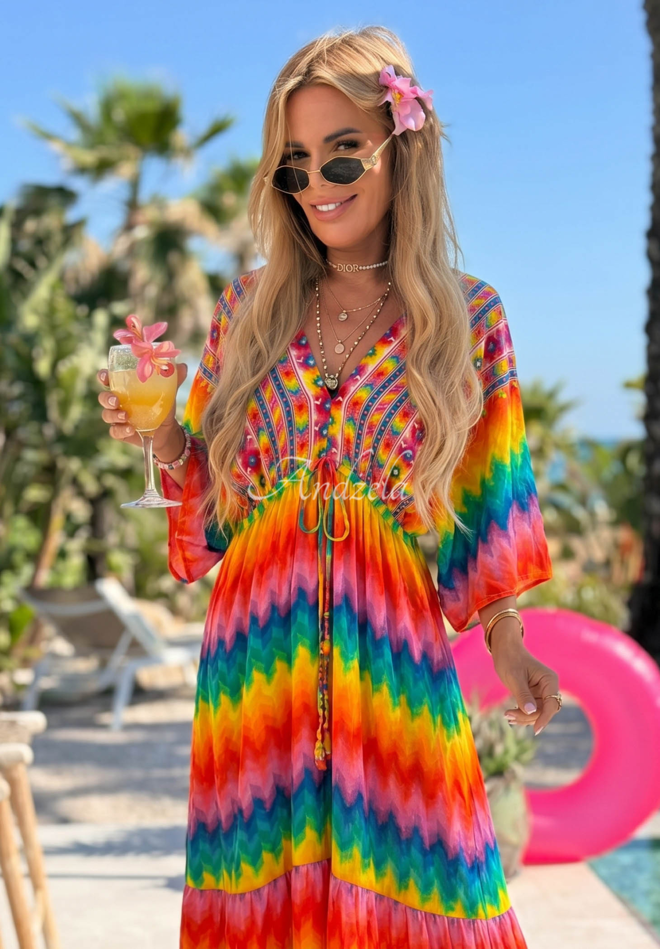 Viskózové šaty maxi s farebnými vzormi Rainbow Soul oranžovo-ružové