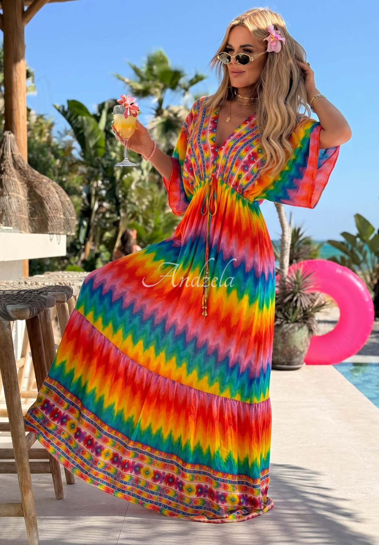 Viskózové šaty maxi s farebnými vzormi Rainbow Soul oranžovo-ružové