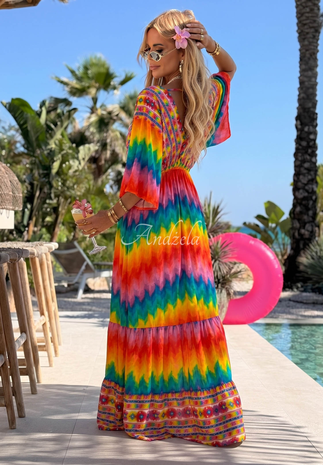 Viskózové šaty maxi s farebnými vzormi Rainbow Soul oranžovo-ružové