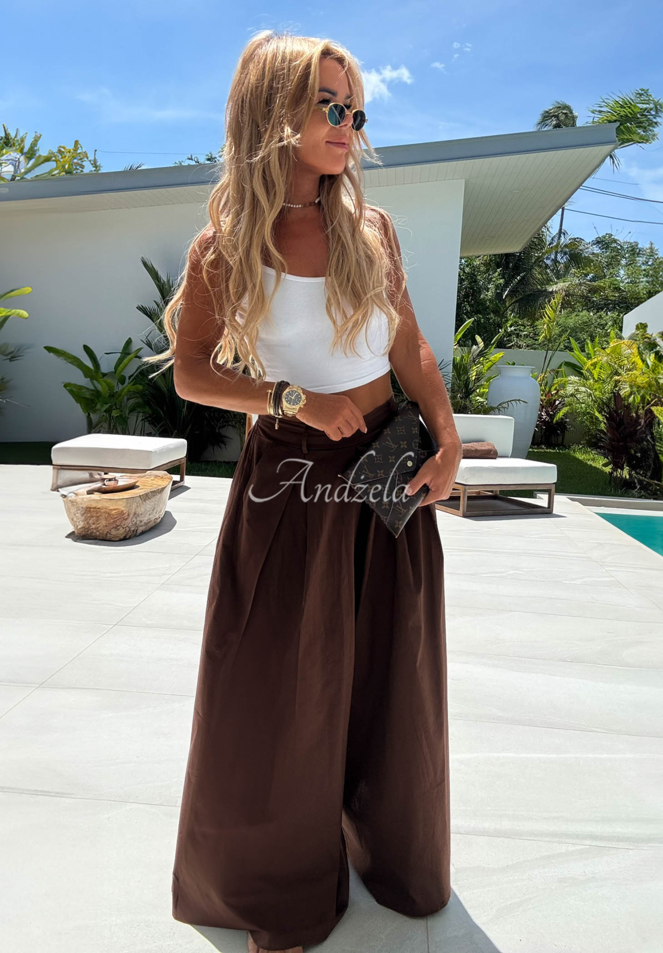 Látkové nohavice wide leg švedy z bavlny Sea Elegance čokoládové