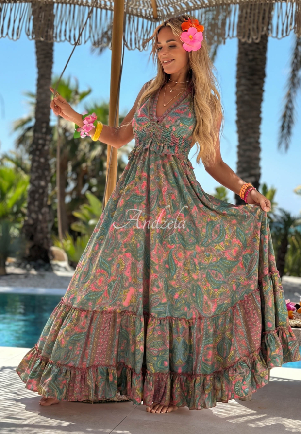 Vzorovan&eacute; &scaron;aty maxi z visk&oacute;zy Summer Bliss mentolovo-ružov&eacute;