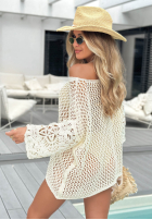 Ażurowy Sveter oversize z koronkowymi rękawami boho Bonita Springs Biela