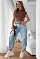 Nohavice džínosové mom fit z paskiem Horizon Blue svetlomodré
