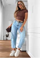 Nohavice džínosové mom fit z paskiem Horizon Blue svetlomodré