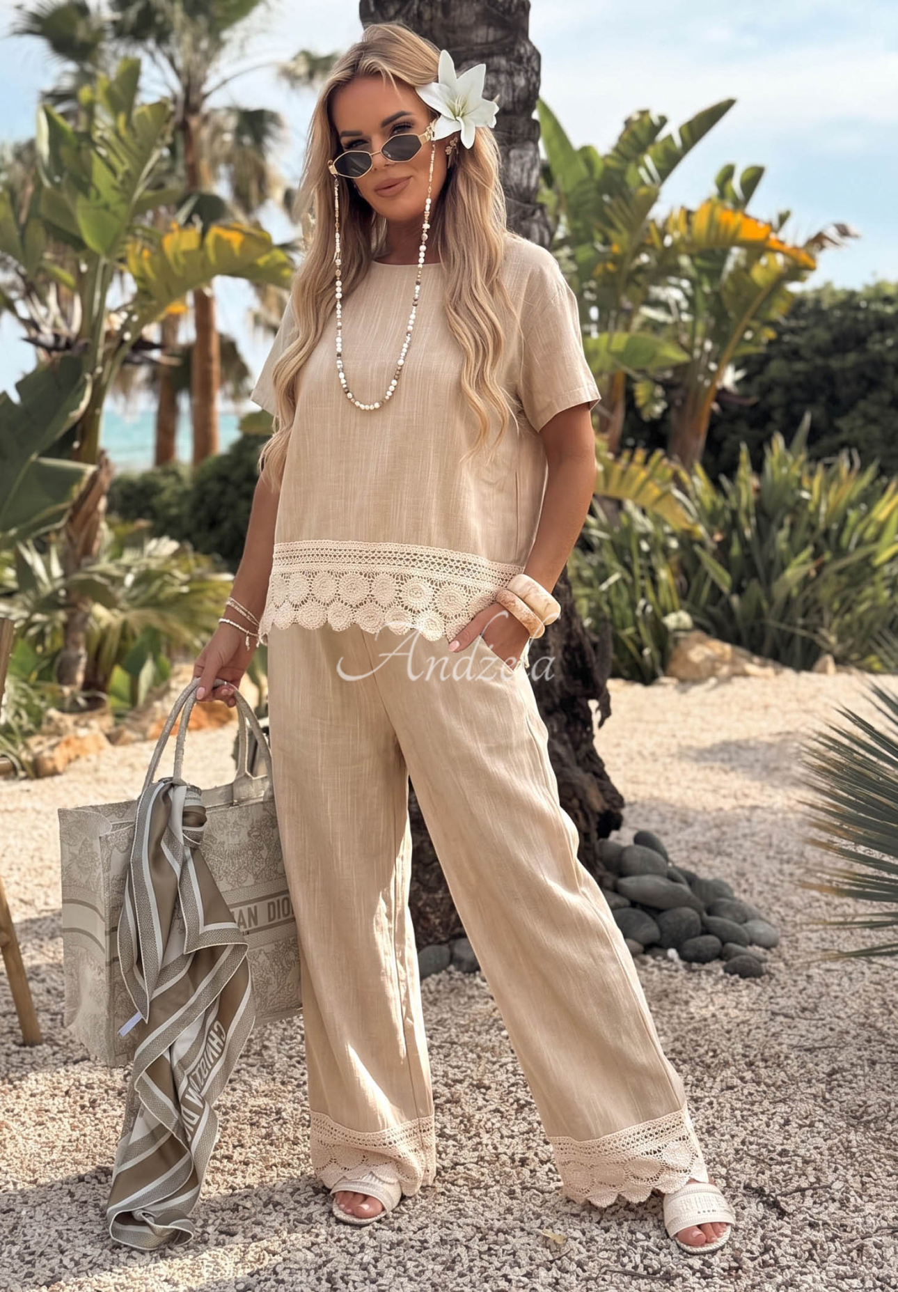 Bavlnené nohavice wide leg s čipkou Soft Sand béžové