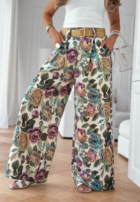 Viskózové nohavice so záhybmi s kvetmi Blooming Air khaki
