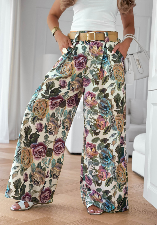 Visk&oacute;zov&eacute; nohavice so z&aacute;hybmi s kvetmi Blooming Air khaki