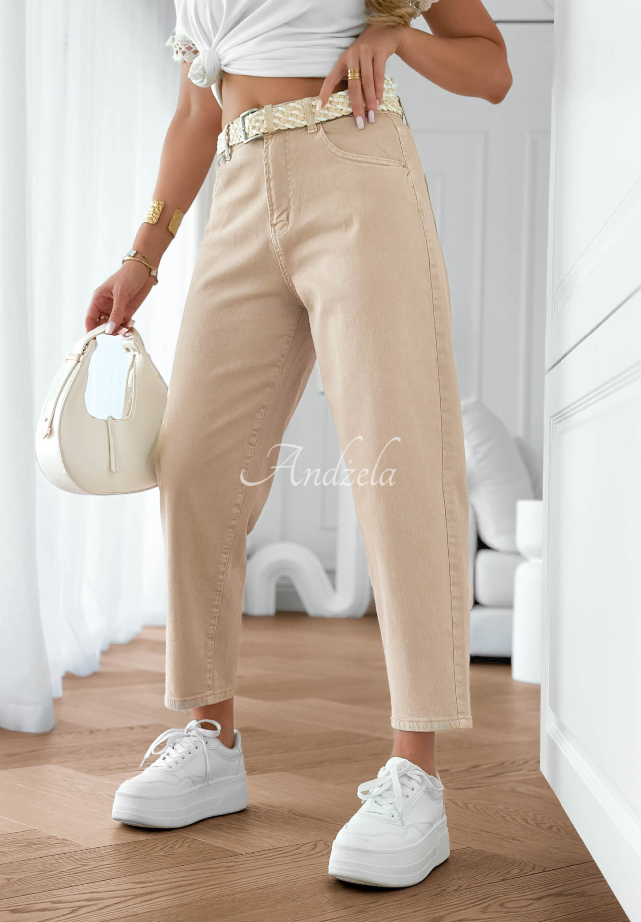 Džínsy mom fit s opaskom Casual Tide béžové