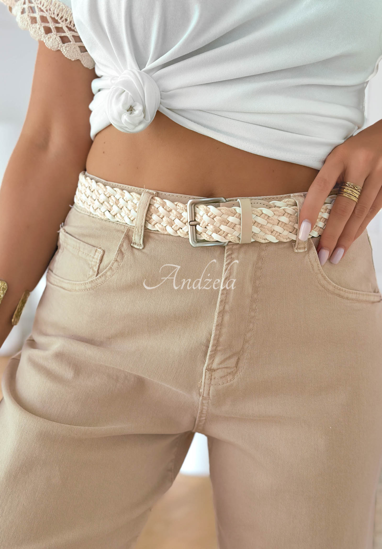 Džínsy mom fit s opaskom Casual Tide béžové