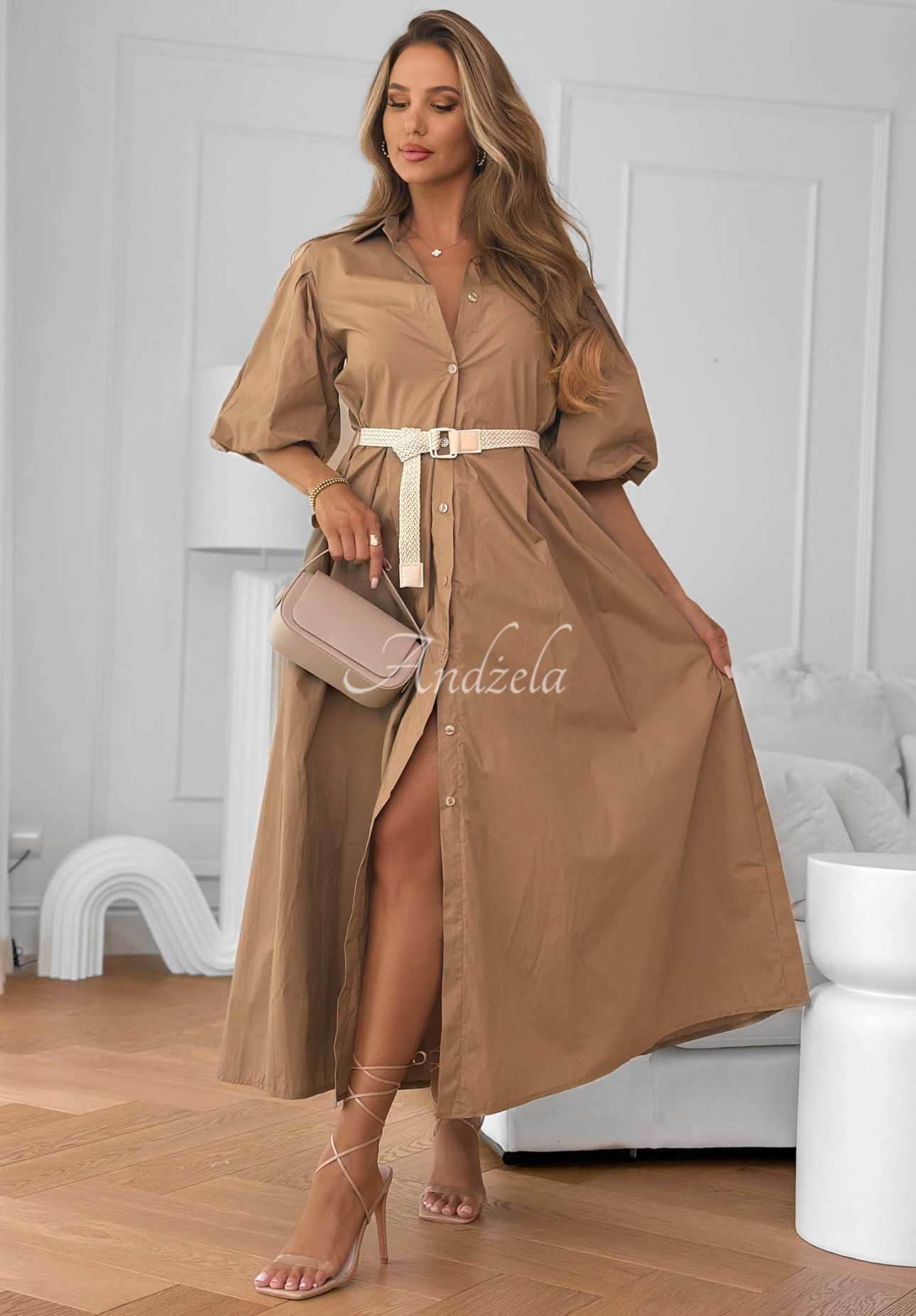 Košeľové šaty s naberanými rukávmi a opaskom z bavlny Rome ťavie