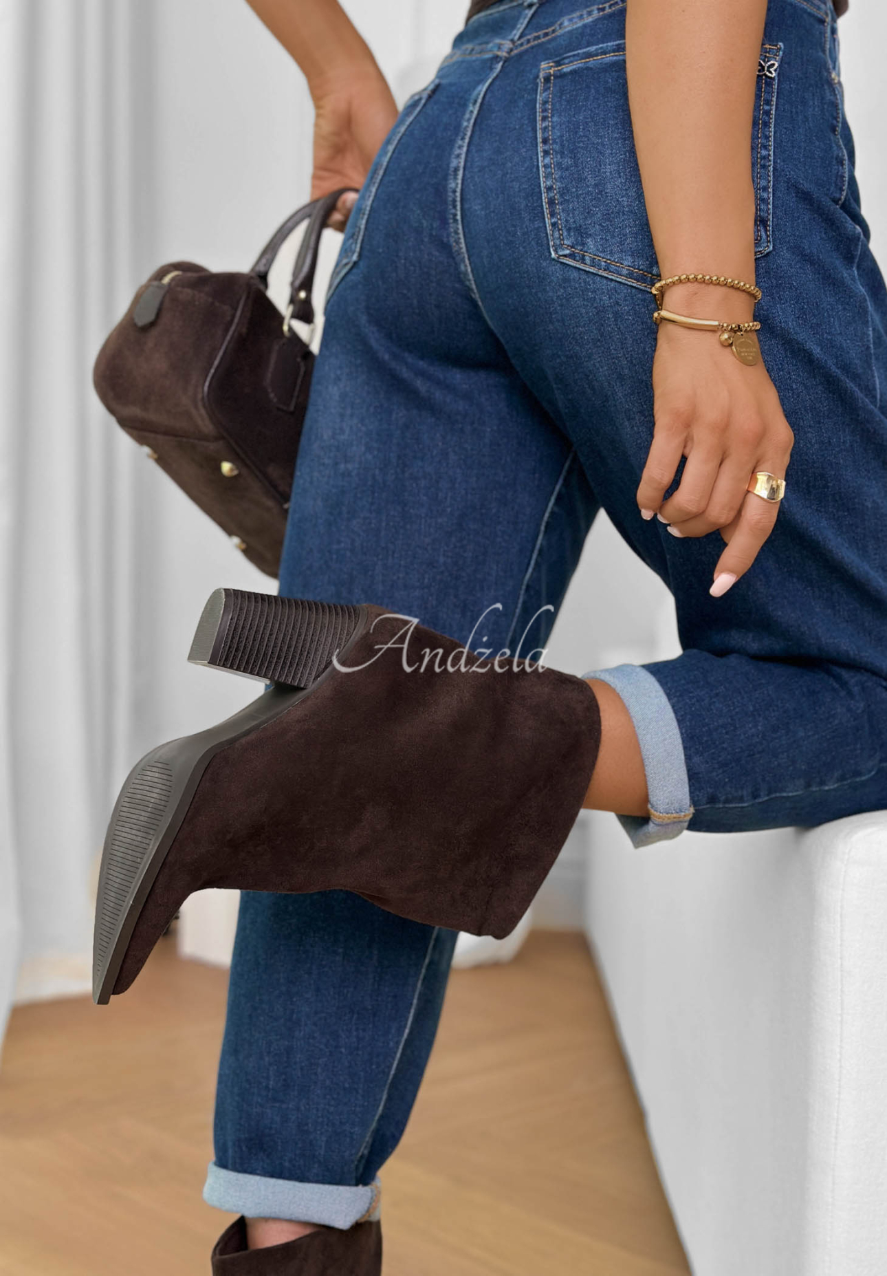 Semišové členkové čižmy na opätku Fancy Style čokoládové