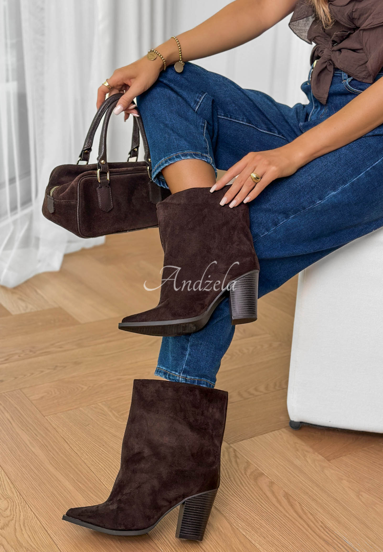 Semišové členkové čižmy na opätku Fancy Style čokoládové