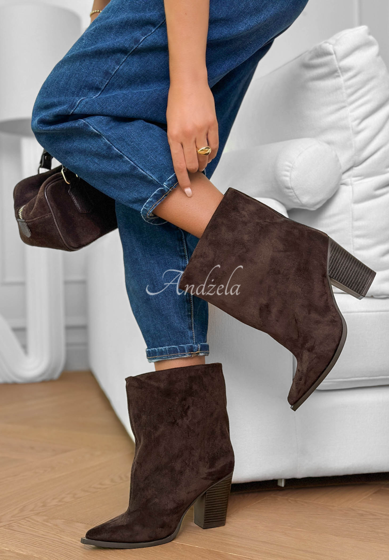Semišové členkové čižmy na opätku Fancy Style čokoládové