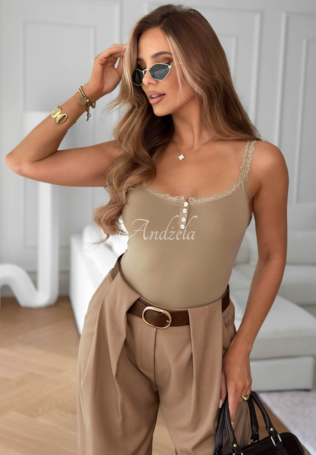 Látkové nohavice wide leg s opaskom Clean Looks Mokka