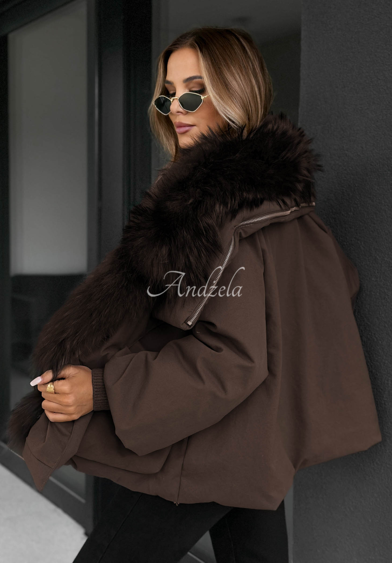 Páperová bunda s kožušinou Nordic Mist čokoládová
