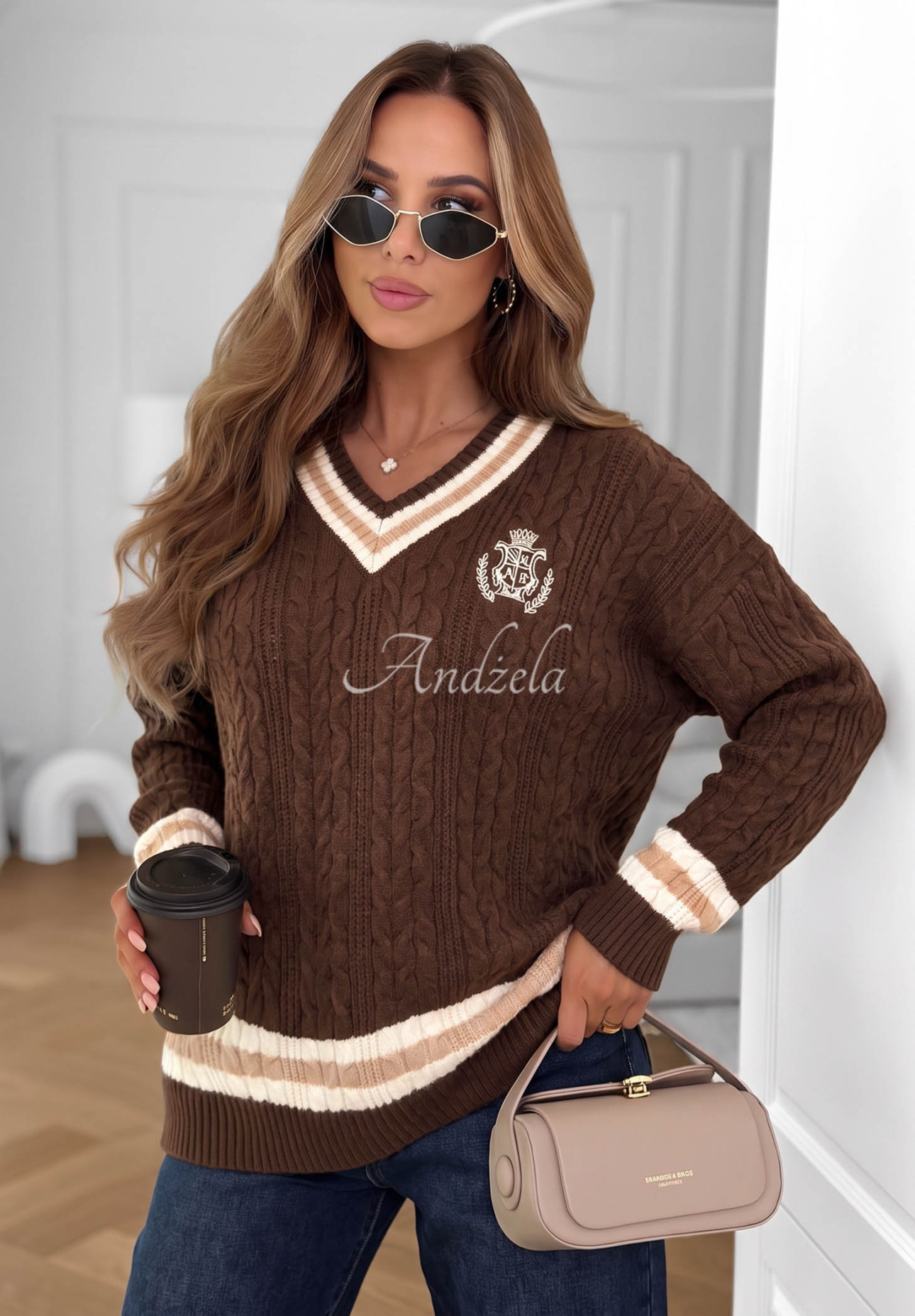 Viskózový sveter s ozdobnou väzbou Velvet Touch čokoládový
