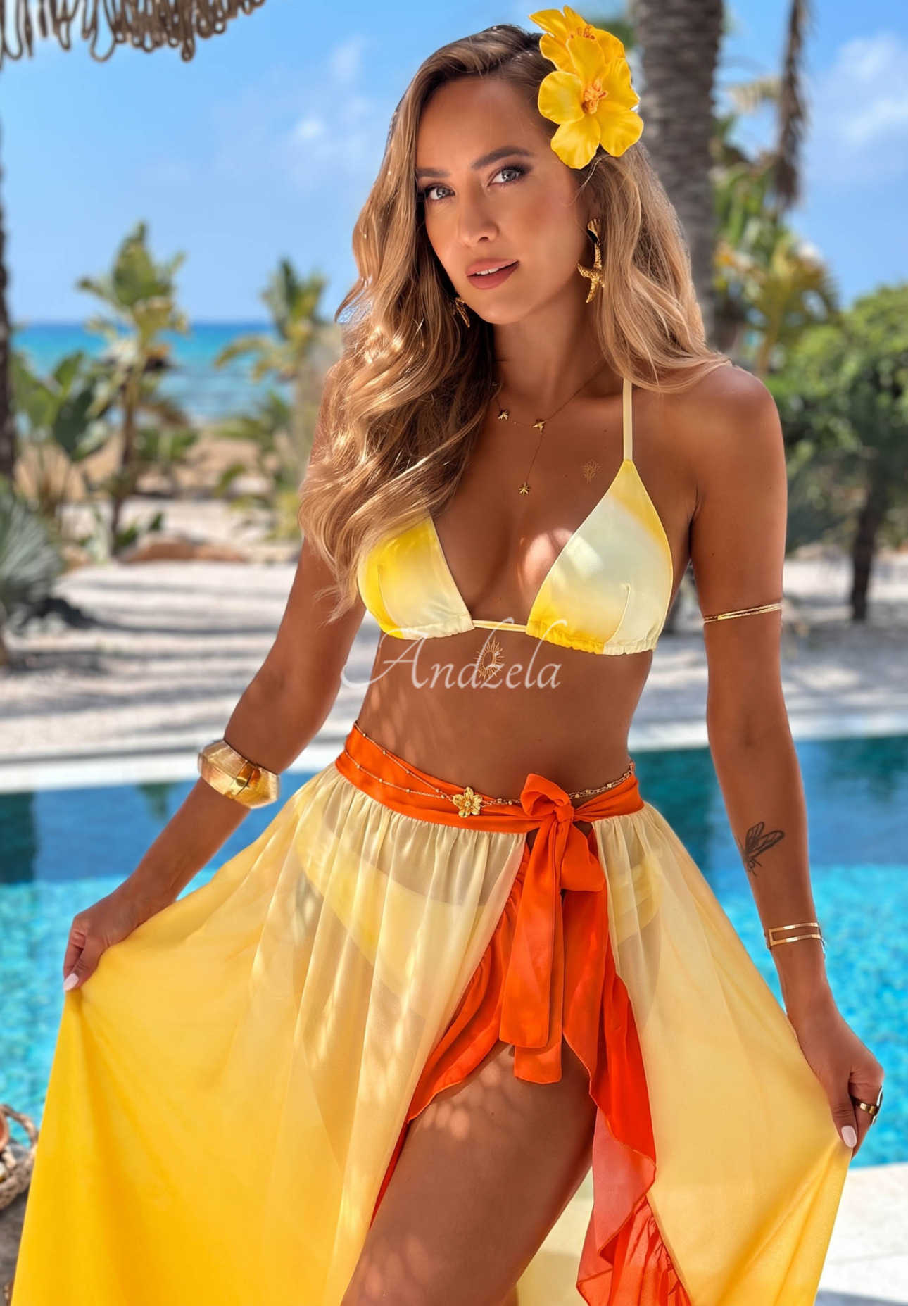 Súprava plavky bikiny a pareo s volánmi Aloha Sunset žlto-oranžová