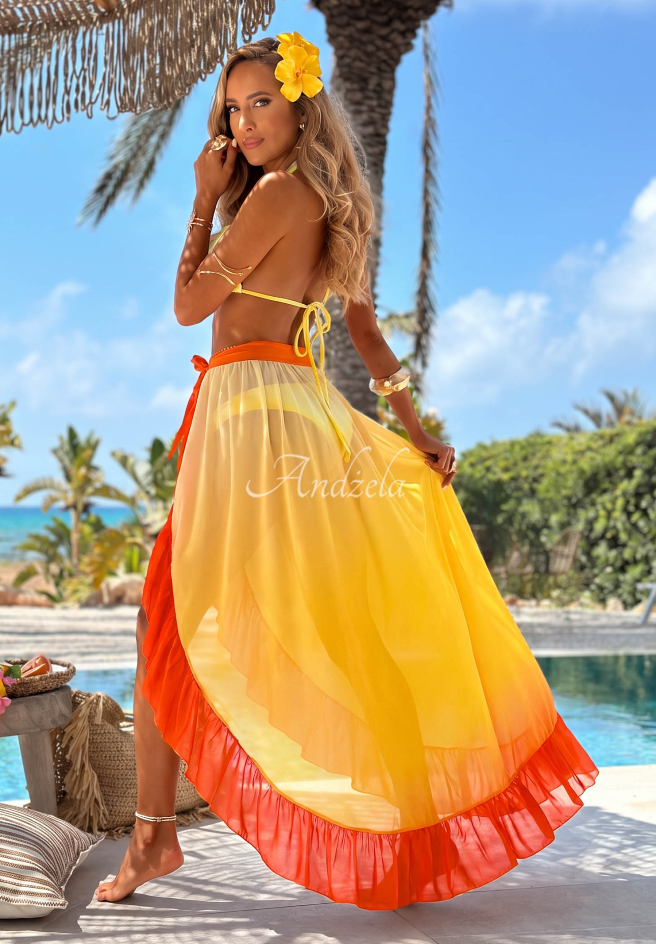 Súprava plavky bikiny a pareo s volánmi Aloha Sunset žlto-oranžová