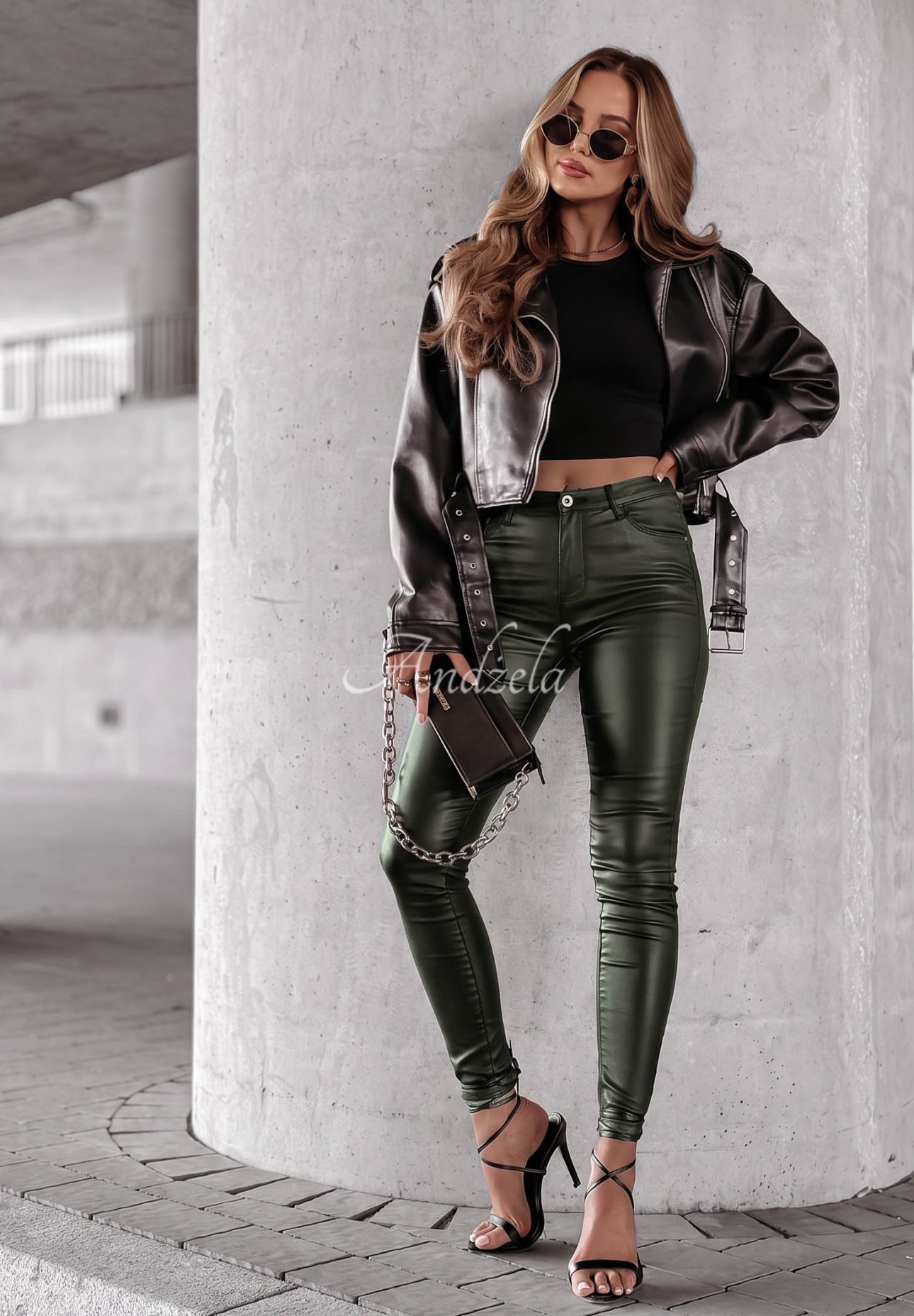 Nohavice Z Imitace Kůže Rebel fľašková zelená