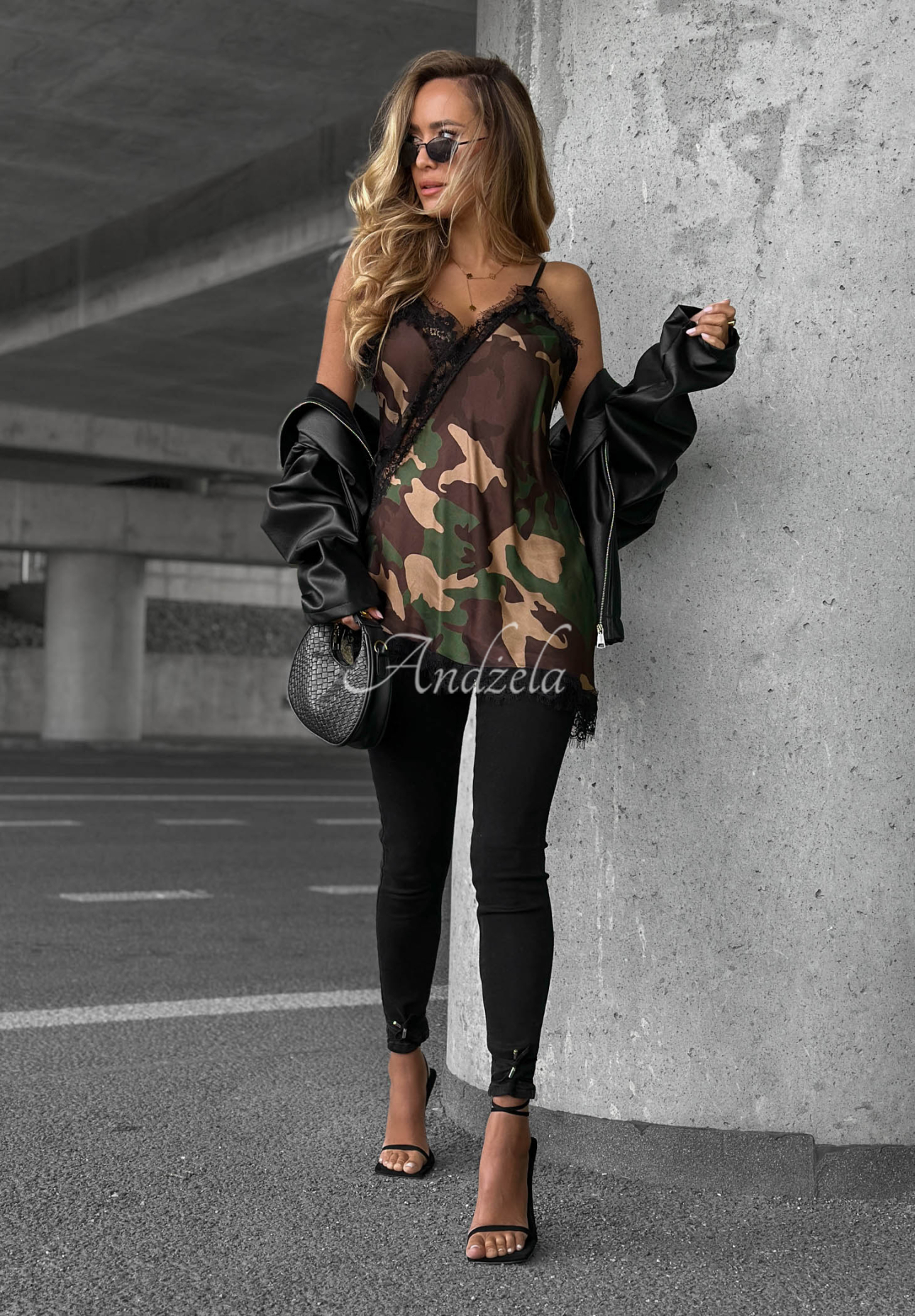 Viskózový top s čipkou maskáčový Fancy Cover khaki