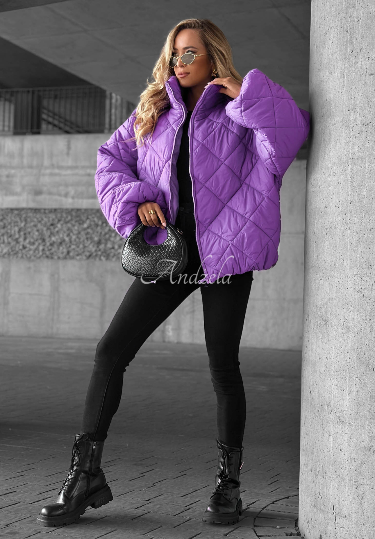 Krátka prešívaná bunda oversize Fall Favorites fialová