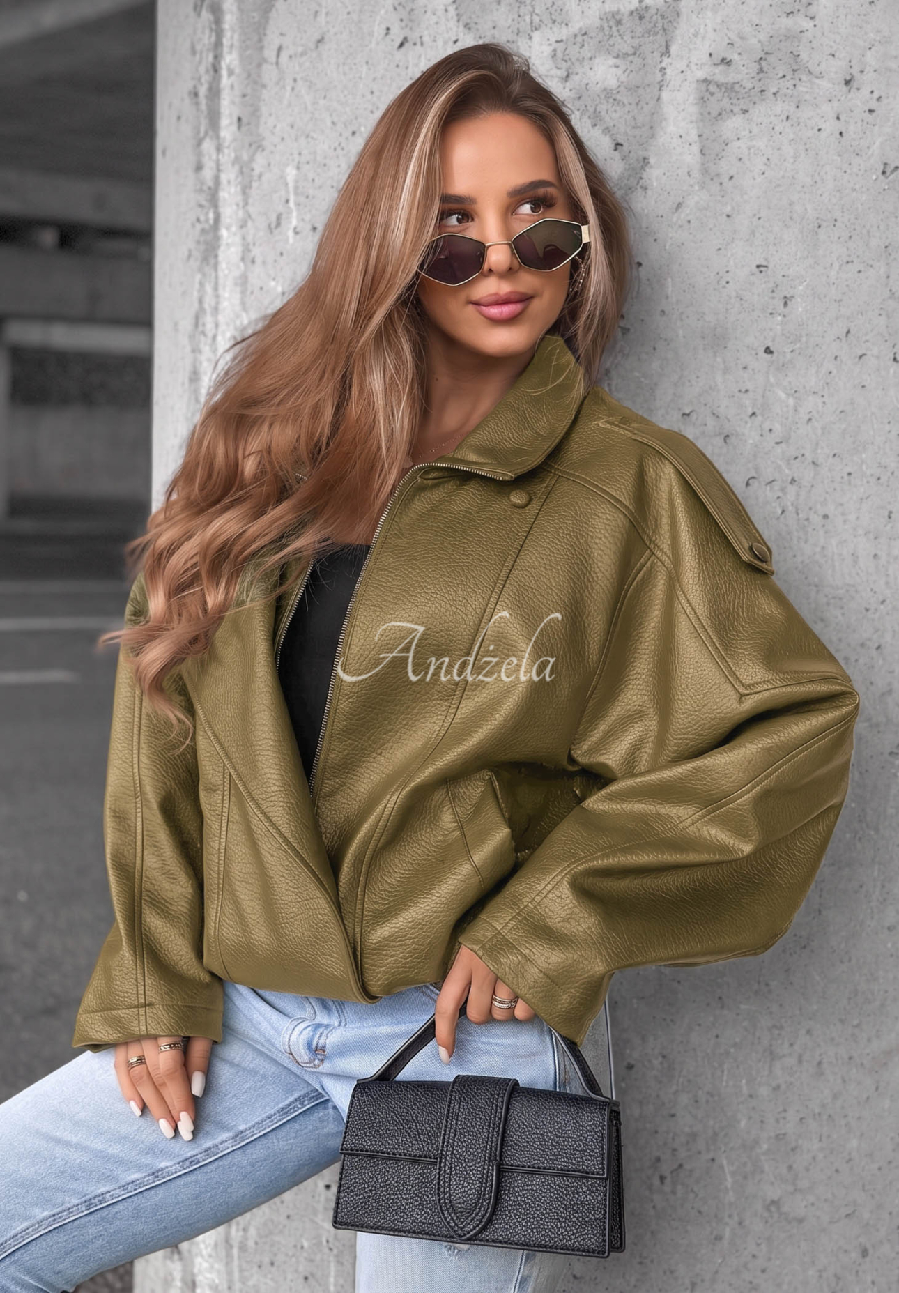 Kožená bunda s lemom Amber Mood olivová