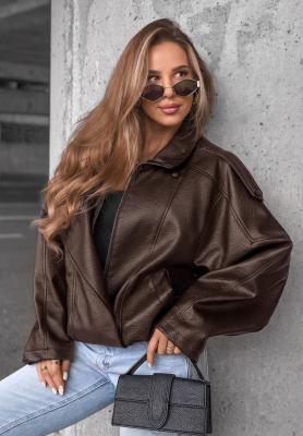 Kožen&aacute; bunda s lemom Amber Mood čokol&aacute;dov&aacute;
